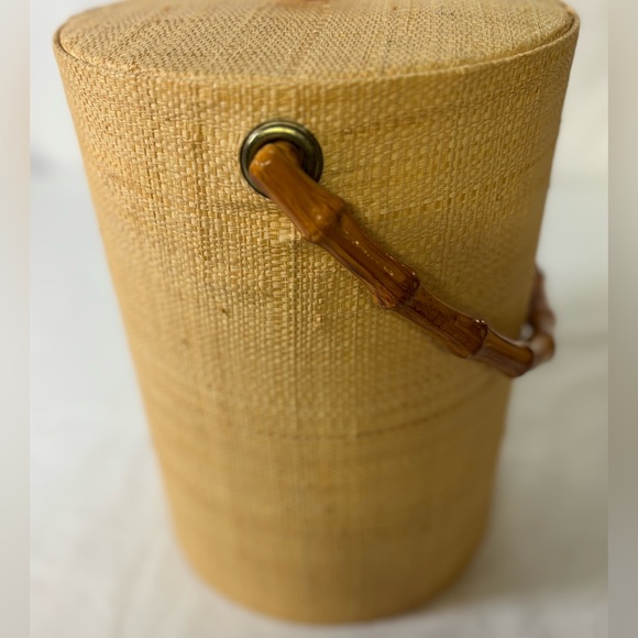 VINTAGE MCM 60s Collectible Americana Faux Bamboo Handles Cane Woven Ice Bucket - Picture 10 of 11